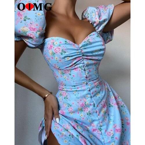 OIMG Women Dress Square Collar Floral Print Puff Sleeve Sexy Flower Dresses Pleated Chest Female Beach Robe Dropshipping 10259