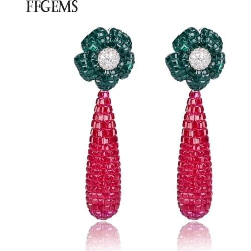 FFGems New Design 925 Silver Drop Big Earring Created Nano Ruby Emerald Fine Jewelry For Women Engagement Wedding Party Gift Box
