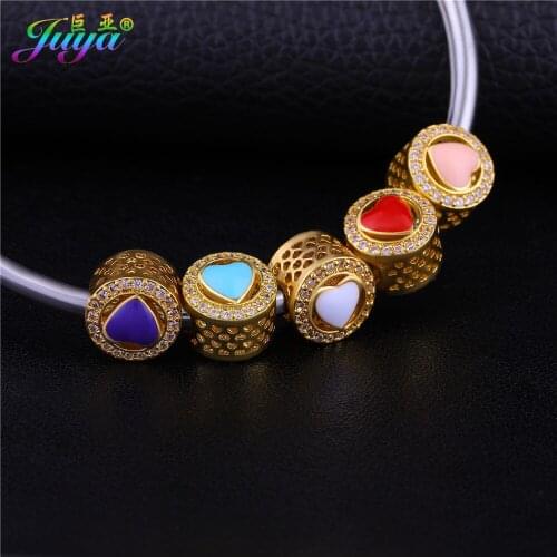 Juya 5pcs/lot DIY Jewelry Beads Supplies Handmade Enamel Heart Big Hole Charm Beads Fit Panora Charms Beads Bracelets Making