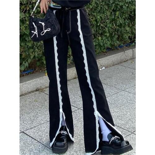 Hstar Patchwork Lace Plus Size Split Denim Pant Mom Slit Jeans Trouser Boyfriend Women Streetwear Harajuku Fashion Punk Goth