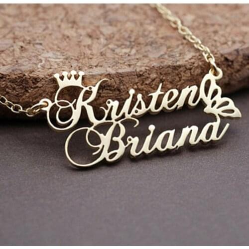 Customzied Stainless Steel Double Names Plate Necklace Any Letters Dainty Font Personalized Women Crown Necklace with Butterfly