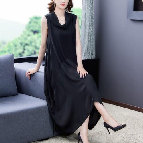 Summer Loose Black Mulberry Silk Sleeveless Dress 2021 Vintage Casual 4XL Plus Size Midi Dresses Women Elegant Bodycon Vestidos