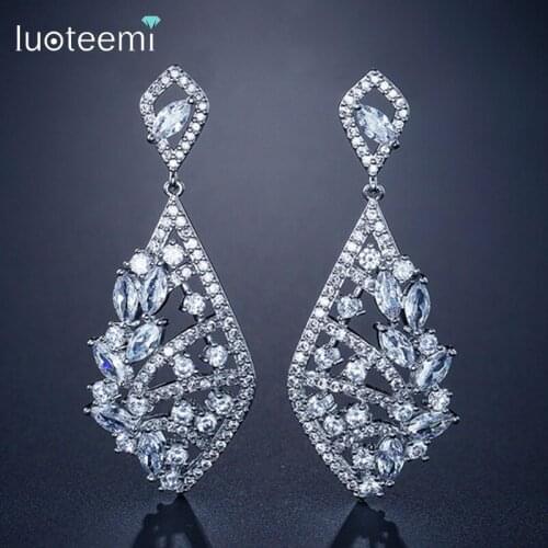 LUOTEEMI Women Girls Wedding Jewelry Gift White Gold-Color Delicate Large Luxury Drop Zircon Earrings Wholesale New Design