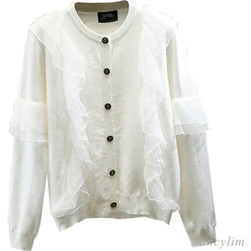 Fashion Folds Sweet Mesh Lotus Leaf Splicing Single-Breasted Knit Sweater Cardigan Womens Clothes Female Students Tops