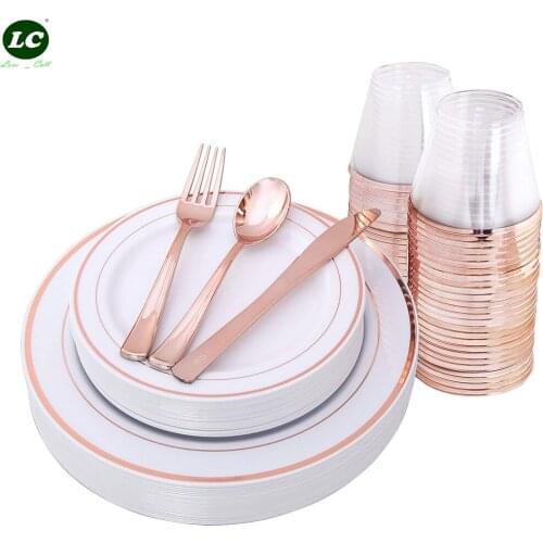 Disposable Tableware Sets Disposable Transparent Gold Cup9oz PS Plastic Platics One Time Use Cutlery Set Wholesale