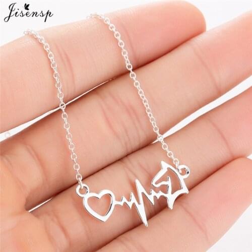 Jisensp Stainless Steel Pendant Necklace Electrocardiogram ECG Horse Head Long Chain Necklace Fashion Jewelry for Women Men