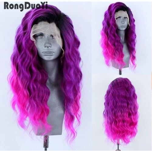 RONGDUOYI Ombre Pink Lace Wigs for Women Synthetic Lace Front Wig Long Water Wave Wigs High Temperature Fiber Cosplay Wig