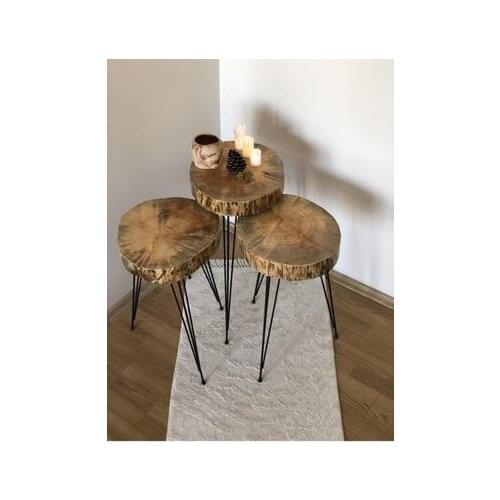 Modern lux Round Black Flip Natural Wood Log Zigon Coffee table 3'lü coffe table