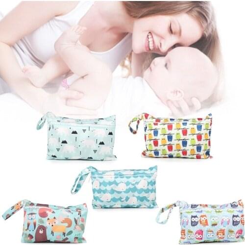 Baby Diaper Bag Printed Waterproof Wet Dry Nappy Zipper Handbag Stroller Carry Pack Travel Outdoor Wet Diaper Storage C5AF