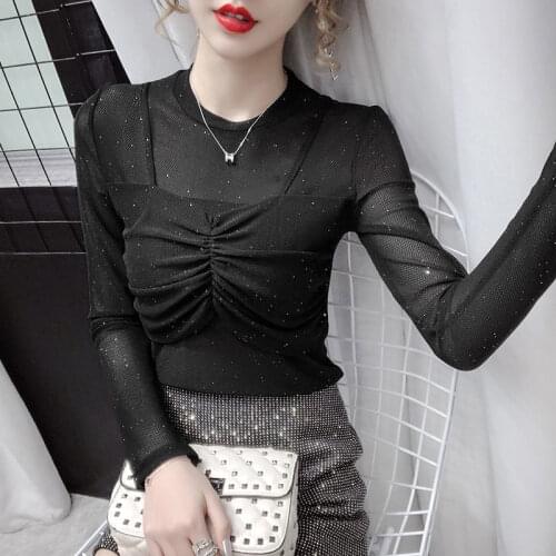 Woman TShirts Womens Mesh Round Neck Long-Sleeved T-shirt Spring Top Crop Top Mujer Camisetas
