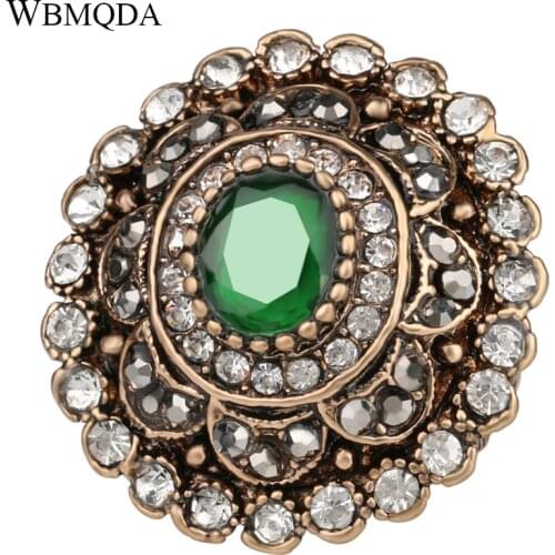 Fashion Vintage Look Ring Gold Color Big Round Crystal Flower Green Gem Antique Rings For Women 2018 New