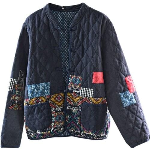 Autumn Winter Arts Style Women Long Sleeve Vintage Short Coat Patchwork Cotton Linen Single Breasted Thicken Jackets Coats