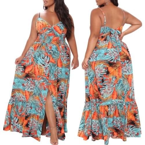 L-4XL summer women Plus size dress 2021 fashion printing sleeveless halter backless split dressses Wholesale Dropshipping