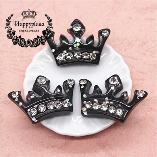 10pcs Kawaii Black Resin Crown Shiny Crystal Rhinestone Flatback Cabochon Charm DIY Hair Bow Center Decoration,19*27mm