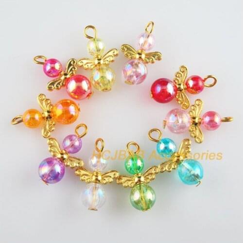 20 New Angel Charms Gold Color Colorful Acrylic Ball Pendants 14x22mm
