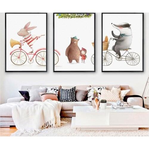 3 Pieces Watercolor Animals Rabbit Beer Canvas Paintings Pink Childhood Posters Prints Wall Art Pictures for Kids' Rooms Decor