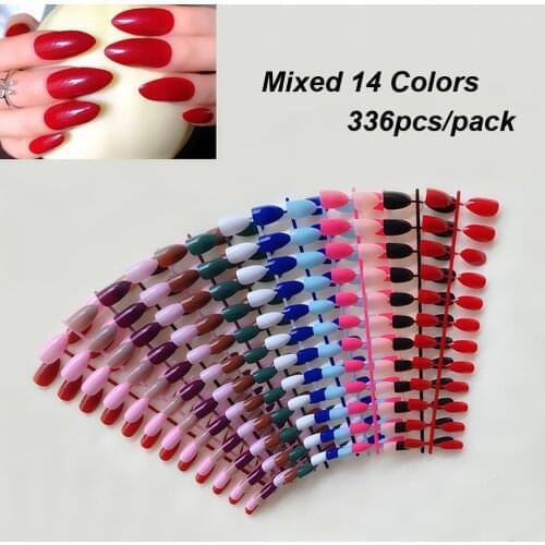 336pcs/pack Mixed Candy 14 Colors False nails Stiletto Artificial Press Fake Nails On Nails Pointed Ladies Nail Art Salon Tips