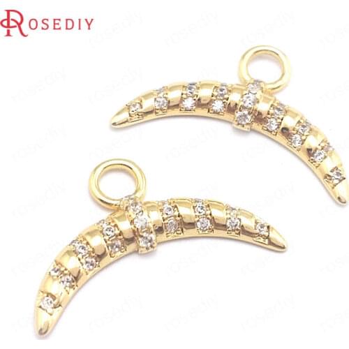 40374)4PCS 20.5x12.3MM 24K Gold Color Brass and Zircon Moon Charms Pendants Jewelry Making Supplies Diy Findings Accessories