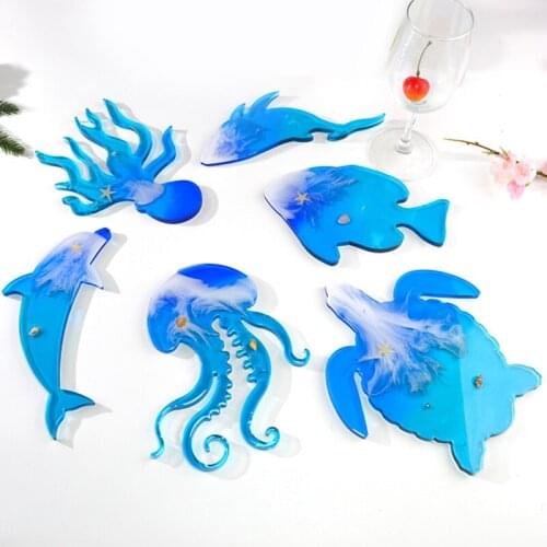 6 Pcs New Design Diy Crystal Epoxy Mold Strange Cup Mat Mould Marine Life Coaster Mold Silicone Resin Combination Set Turtle