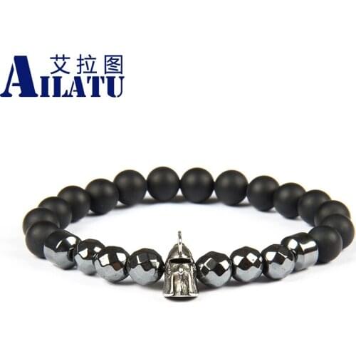 Ailatu Mens Bracelet Vintage Stainless Steel Helmet Spartan Bracelet with 8mm Natural Black Onyx Stone beads Top Quality