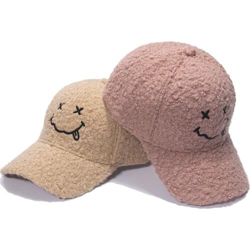 Autumn And Winter Female Baseball Cap Sweet Cute Smiley Caps Lamb Hair Warm Hats Womens Ponytail Casquatte Hat