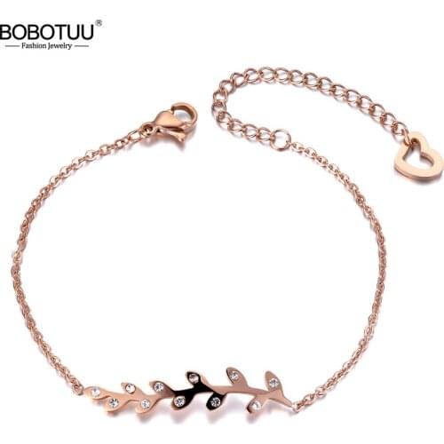 BOBOTUU Spring Style Crystal Leaves Charm Bracelet Bangle For Women Girls Stainless Steel Chain Bohemia Beach Jewelry BB19025