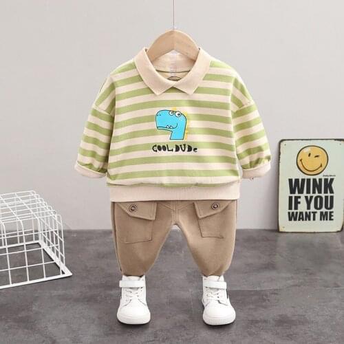Children Cotton Clothes Spring Autumn Baby Boys Strips Cartoon T-shirt Pants 2Pcs/sets Infant Out Kids Fashion Toddler Tracksuit