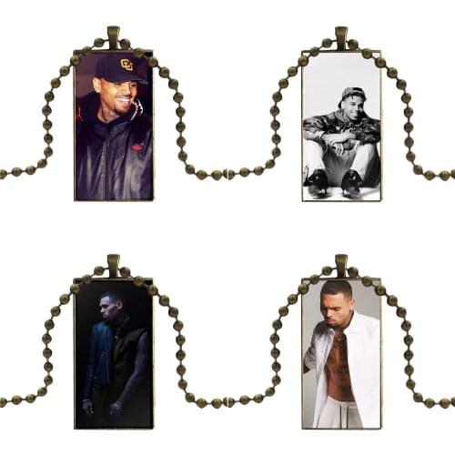 For Men Women 2019 Singer Chris Brown Breezy Rnb Glass Pendant Necklace Handmade Half Pendant Rectangle Necklace