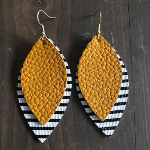 Two Layers Glitter Mustard Yellow Faux Leather Teardrop Earrings Fashion Black And White Striped Earrings Stock Customizable
