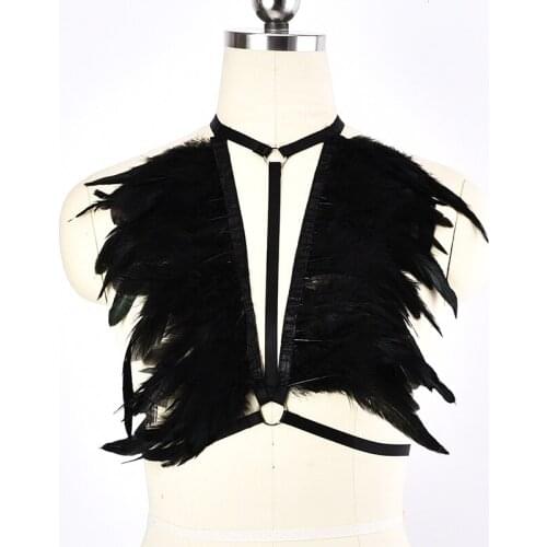 JLX.HARNESS Goth Gypsy Black Feather Cage Bra Rave Body Harness for Women Wear Wrap chest style Bondage Lingerie Cage Bra