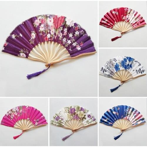 Chinese Japanese Style Silk Fan Folding Fan Wedding Fan Art Gifts Dance Hand Fan Vintage Bamboo Folding Hand Held Flower Fan