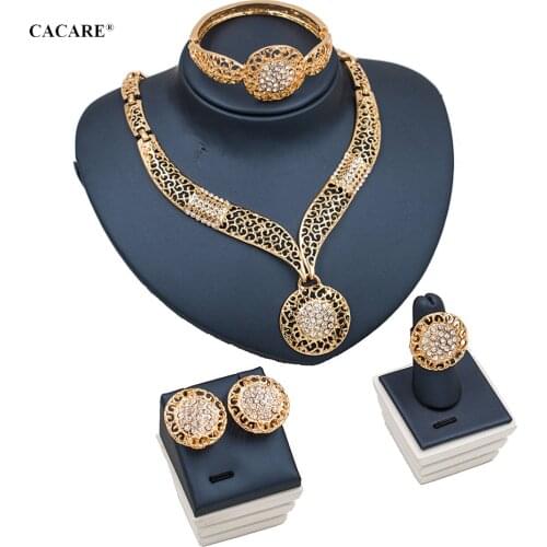 Dubai Gold Jewelry Sets Women Big Necklace Earring Set Indian Jewellery 4 Pieces Set F1181 Rhinestone Party Jewels CACARE