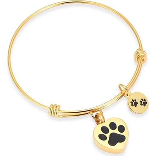 LL012 Cremation Bangle For Ashes For Pet Keepsake Adjustable wire bangle Hold Dog/Cat Paw print Heart Memorial Bracelet