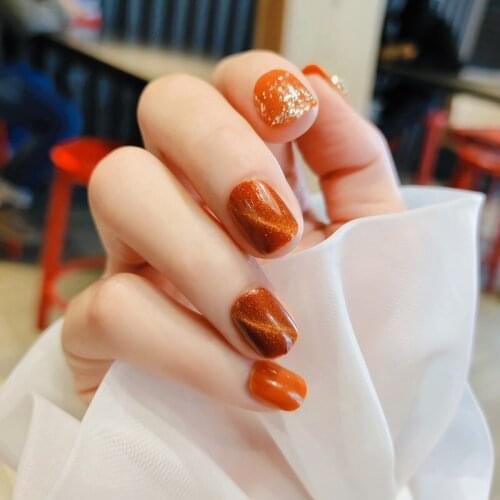 24pcs Fake Nails With Glue Pumpkin Color Cat Eye Diamond Nail Stickers Finished Fake Nails Press On Nails With Rhinestones DL