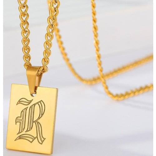 Personalized Old English Initial Letter Necklace Jewelry Custom Stainless Steel Gold Square Pendant Cuban Link Chain Necklaces