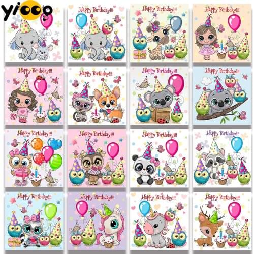 Full Square Diamond Painting Cross Stitch 5D Embroidery Happy Birthday Animals Diamond Mosaic Rhinestone Home Decor Gift TA20