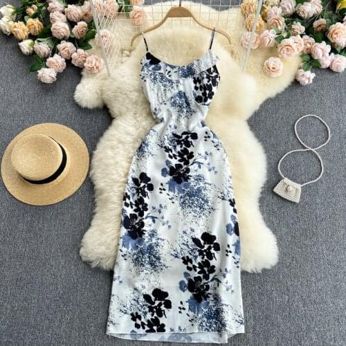 Holiday dress 2021 new summer temperament round neck slim mid-length ink print suspender skirt women