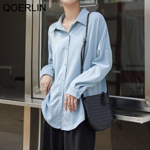 QOERLIN Chic OL Formal Office Blue Shirt Women Long Sleeve Drape Casual Loose Tops Shirt Plain Single Breasted Elegant Busas