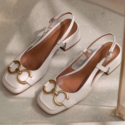 Womens genuine leather slingback square toe metal buckle slip-on flats sandals high quality casual comfortable summer shoes hot