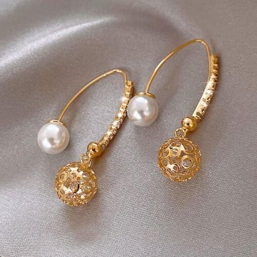 Hollow Ball Drop Earrings Pearl Real Gold Fashion Jewelry Korea Sweet Style 4cm Exquisite Trendy Valentine Day Gift for Women