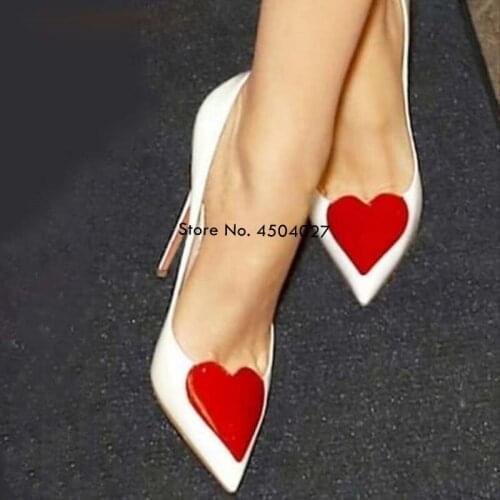 White Black Patent Leather Red Heart High Heels Patchwork Shoes 12cm Stiletto Heel Slip-on Wedding Pumps