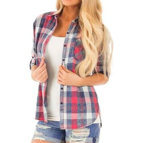 Female 2020 Fashion Women Casual Long Sleeve Shirt Female Turn-down Collar Button Up Plaid Shirt Tops Plus Size Clothes