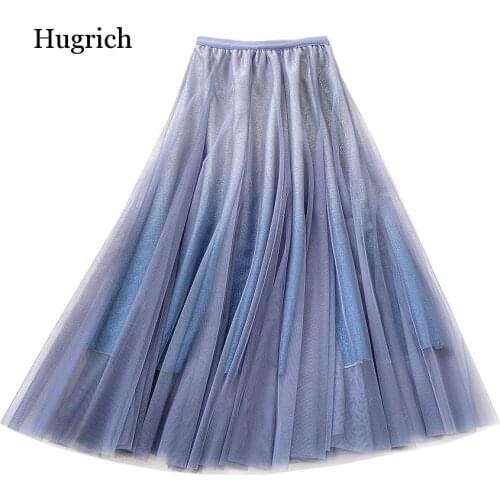 Women for 2020 Spring Summer Korean Ladies Blue Black Gradient High Waist Long Pleated Skirt Female