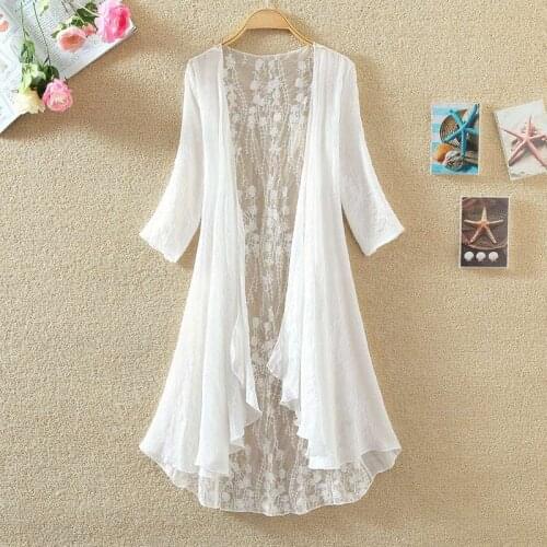 2021 Spring Summer Shirts Female Women Chiffon Tunic Kimono Cardigan Lace Long Shirt Ruffles Hollow Out Loose Ladies Cardigans