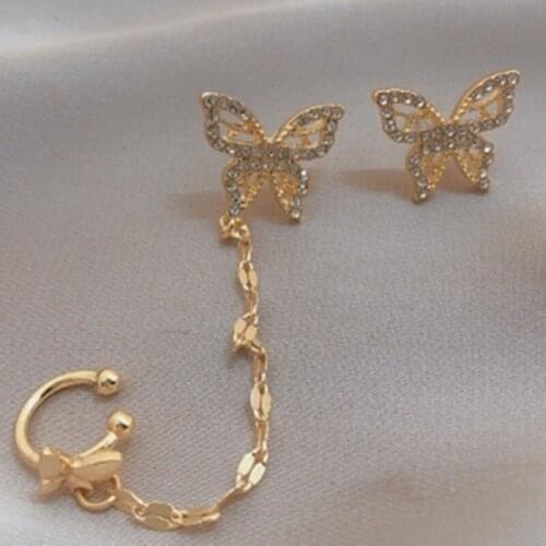 VSnow Fairy Fashion Asymmetric Butterfly Dangle Earrings for Women Gold Color Metal Tassel Chain Cubic Zircon Earrings Jewelry