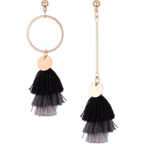 Handcrafted earrings Japanese and Korean style multilayered asymmetric tassel earrings with circle for women