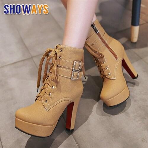 Plus Size Winter Women Platform Ankle Boots 12cm High Chunky Heel Black Beige PU Lady Buckle Zipper Plush Motorcycle Short Boots