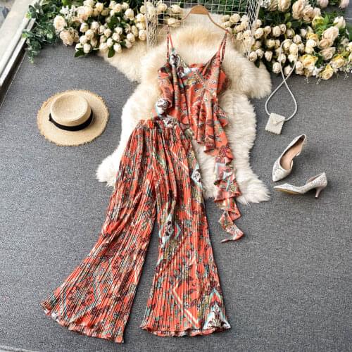 Ins Women New Fashion Summer V Neck Sleeveless Sexy Tops + Pleated Wide Leg Pants Two Piece Sets Q938