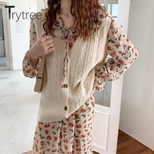 Trytree 2020 Spring Autumn Women two piece Set Casual Loose Buttons Knitted Vest + Floral Dress Flare Sleeve Sweet 2 Piece Set