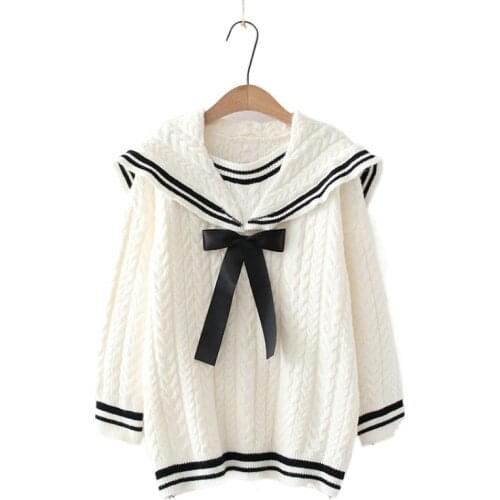 Striped Patchwork Bow Knit Pullover Women Sweater 2021 Winter Full Sleeve Sailor Collar Korean Female Harajuku Sweet Jumpers Top